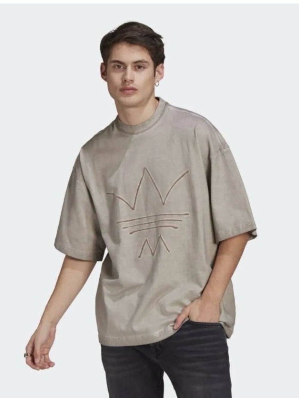 adidas Oversized Short Sleeve Tee with Embossed Trefoil in Timber. Size S